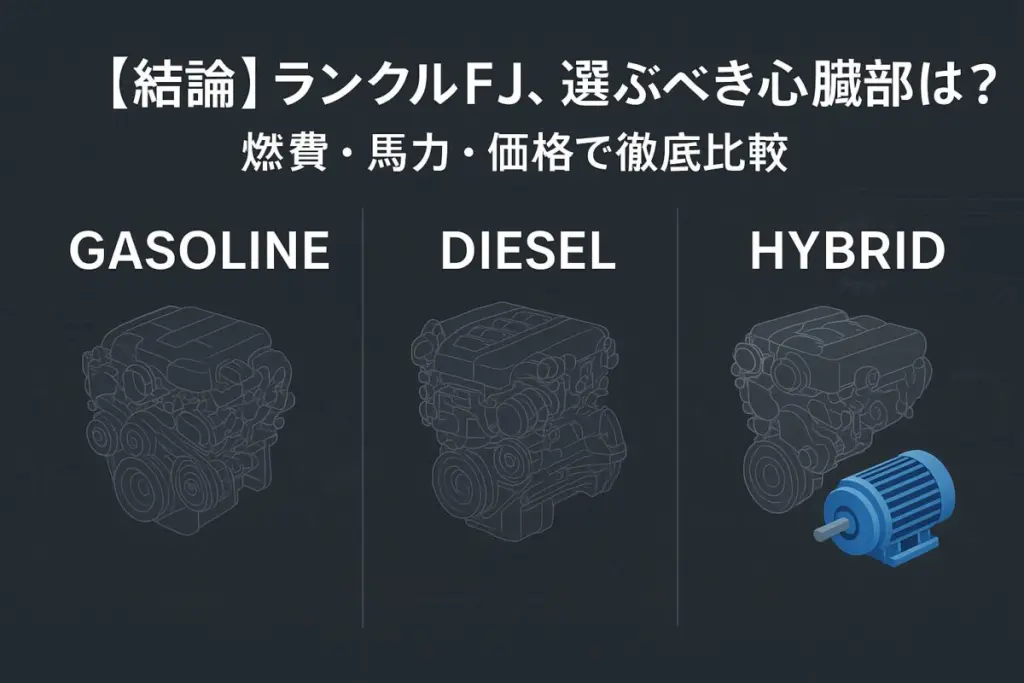 ガソリン、ディーゼル、ハイブリッドの3つの選択肢を示すグラフィック。この記事のテーマである「ランクルFJの燃費と比較、パワートレインの選択」を象徴する一枚。
