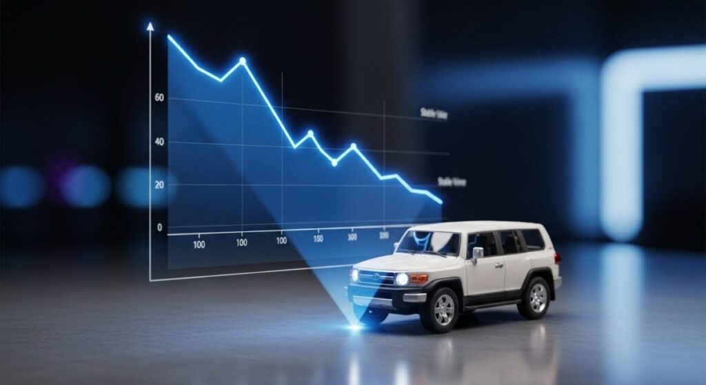 「なぜ最強の資産？ランクルFJの驚異的なリセールバリューを徹底解剖」をテーマにした挿絵。右肩上がりの力強いグラフを背景に、新型ランクルFJが描かれ、その高い資産価値を象徴している。