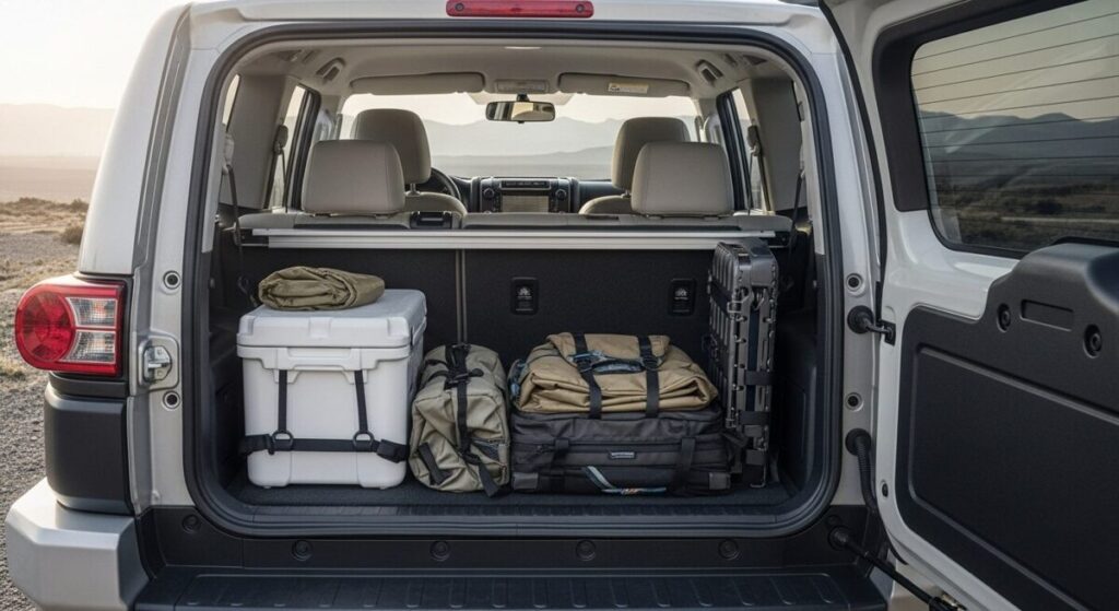 「新型ランクルFJの内装と荷室を深掘り!実用性は十分か?」をテーマにした挿絵。テールゲートが大きく開かれたランクルFJの荷室には、キャンプ道具が機能的に積載されており、その高い実用性を示している。