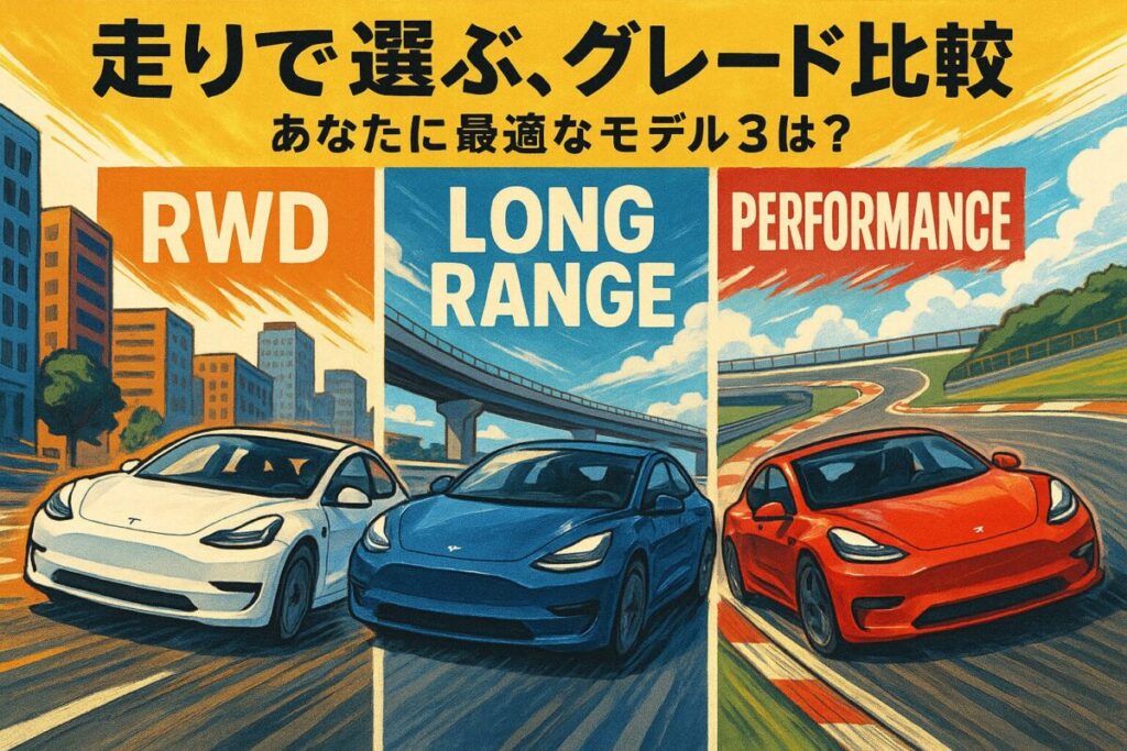 テスラ モデル3のグレード比較サムネイル。「RWD」「ロングレンジ」「パフォーマンス」の3つのグレードがそれぞれ市街地、高速道路、サーキットを走るイラストで、走行シーンごとの違いを示唆している。