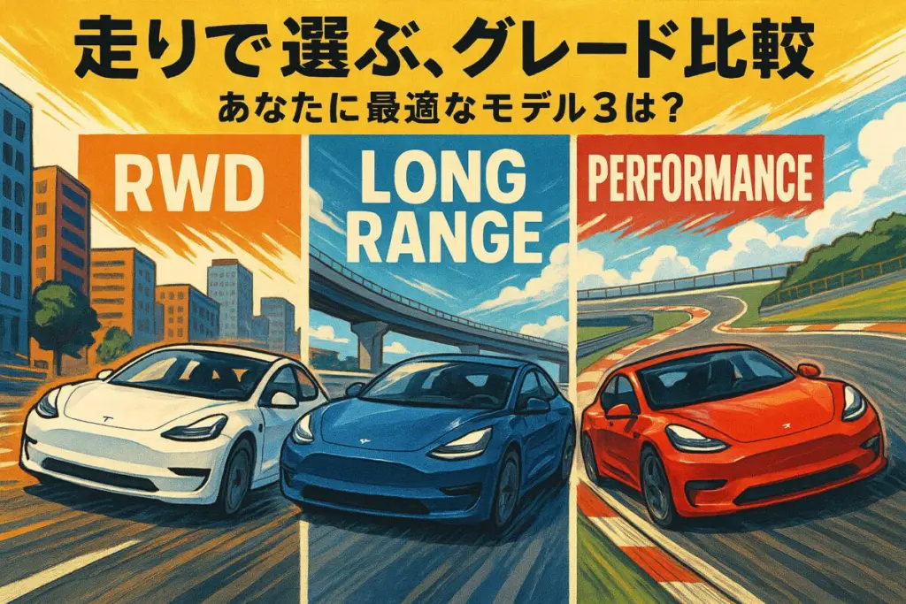 テスラ モデル3のグレード比較サムネイル。「RWD」「ロングレンジ」「パフォーマンス」の3つのグレードがそれぞれ市街地、高速道路、サーキットを走るイラストで、走行シーンごとの違いを示唆している。