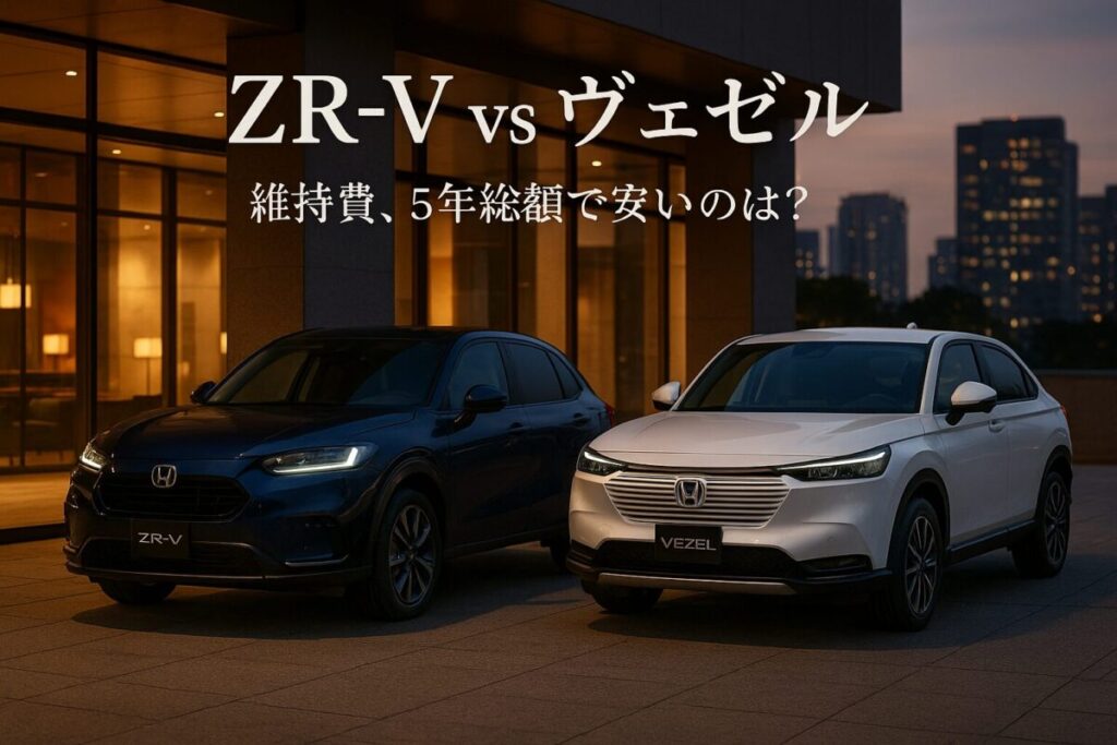 夕暮れの都市を背景に並ぶホンダZR-Vとヴェゼルのe:HEVモデル。この記事のテーマである「ZR-V ヴェゼル 維持費 比較」を象徴する一枚。
