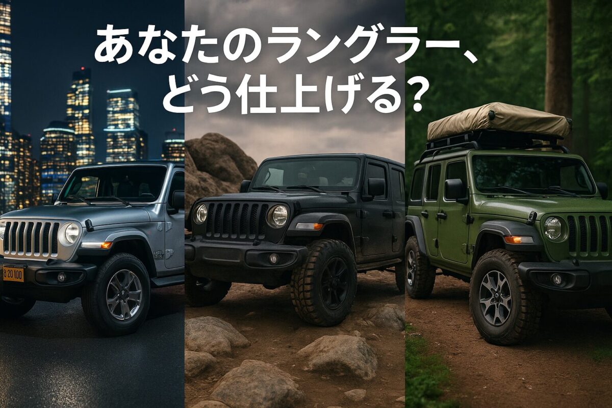 3つの異なるスタイル（アーバン、オフロード、キャンプ）にカスタムされたジープ・ラングラー。この記事のテーマである「ジープ ラングラー カスタム パーツ ショップ」に基づき、多様なカスタムの可能性を象徴する一枚。