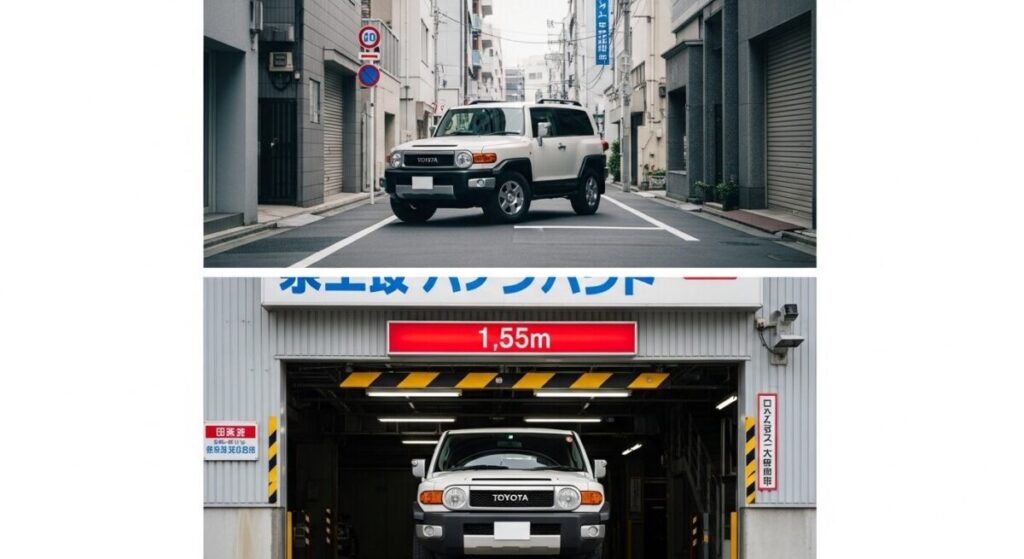 「新型ランクルFJのサイズと内装|メリット・デメリットまとめ」をテーマにした挿絵。狭い道で楽にUターンする様子と、立体駐車場の高さ制限に引っかかる様子を対比させ、サイズの長所と短所を表現。