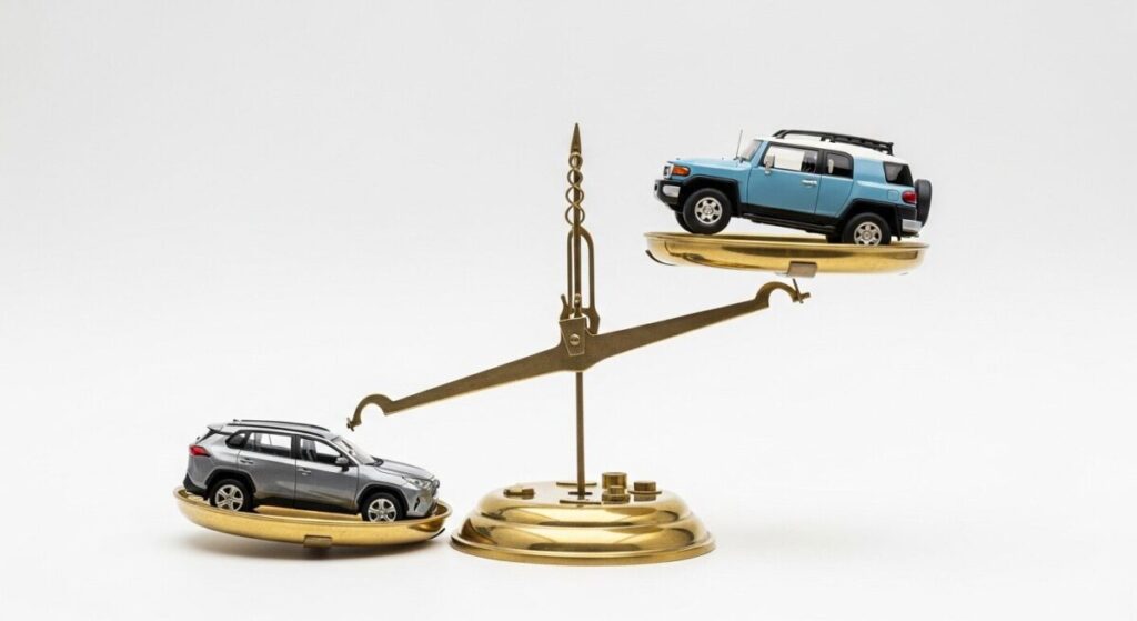 「3年乗った場合、ランクルFJの実質負担額はRAV4より安い？トータルコスト比較」をテーマにした挿絵。天秤の片方に重そうなRAV4、もう片方に軽々と持ち上がるランクルFJが乗っており、実質負担額の軽さを表現している。