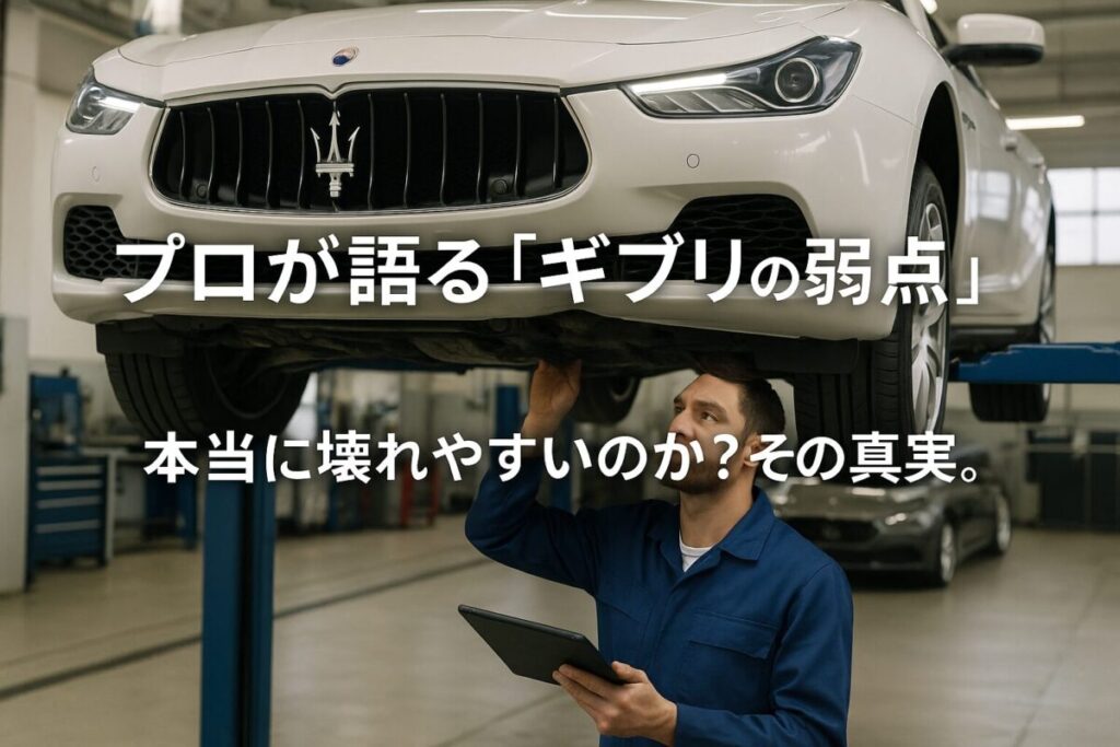 整備士がマセラティ ギブリを専門的に点検している写真。この記事が、プロの視点からマセラティ ギブリの修理費用や故障について解説していることを示唆する一枚。