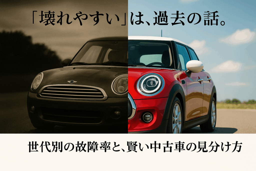古い世代と新しい世代のMINIクーパーを対比させた画像。「MINIクーパーは壊れやすい」という評判が過去のものであり、世代によって信頼性が大きく異なることを解説する記事内容を象徴している。