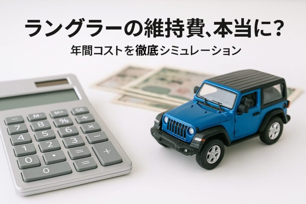 デスクに置かれた電卓とジープラングラーのミニカー。この記事のテーマである「ジープ ラングラーの燃費と維持費」の経済性を象徴する一枚。