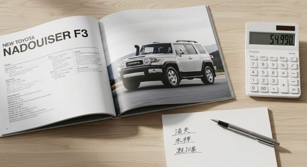 「ランクルFJの価格・費用に関するよくある質問」をテーマにした挿絵。ランクルFJのカタログの横に置かれた電卓とペンが、購入前のコスト計算や疑問点を象徴している。