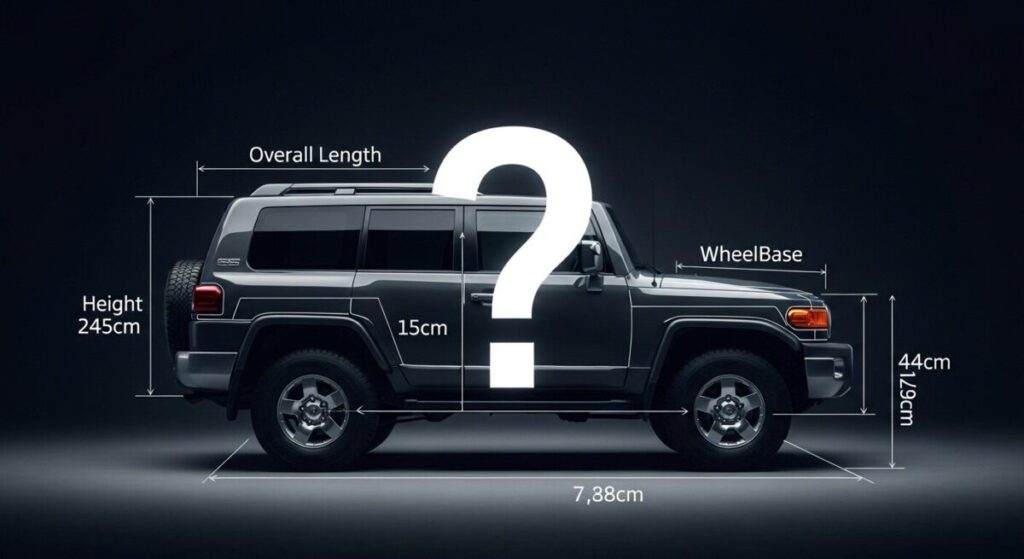 「新型ランクルFJのサイズ・内装に関するよくある質問」をテーマにした挿絵。ランクルFJの車体に設計図のような寸法線とクエスチョンマークが重ねられ、スペックへの関心を象徴している。