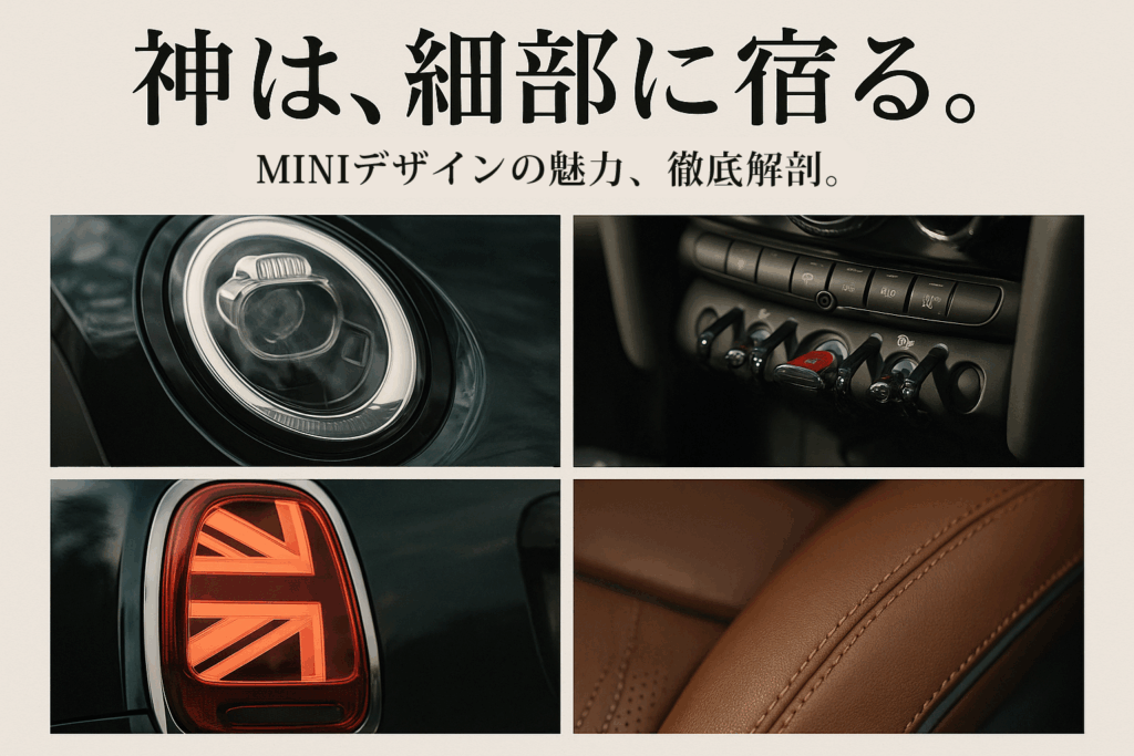 MINIクーパーのヘッドライトや内装スイッチなど、象徴的なデザインのディテールを4分割で紹介する画像。「MINIクーパーのデザイン」の細部に宿る魅力を深掘りする記事内容を示唆している。