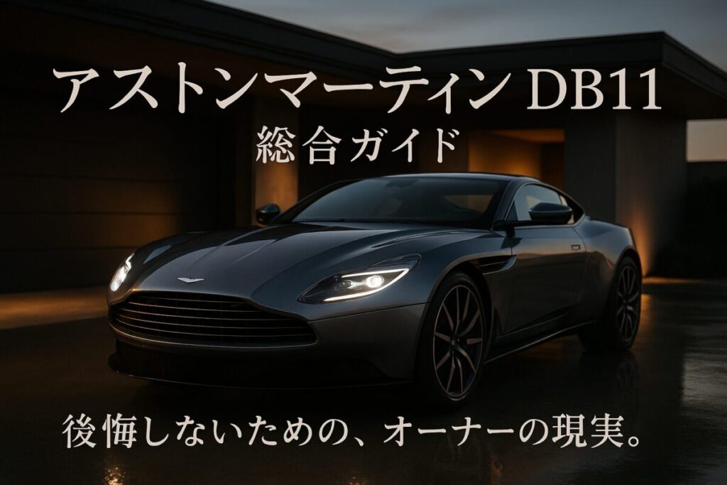 夕暮れのモダンなガレージに佇む、シルバーのアストンマーティンDB11。この記事のテーマである「アストンマーティン DB11 総合ガイド」として、その美しいデザインとオーナーになるための現実を象徴する一枚。