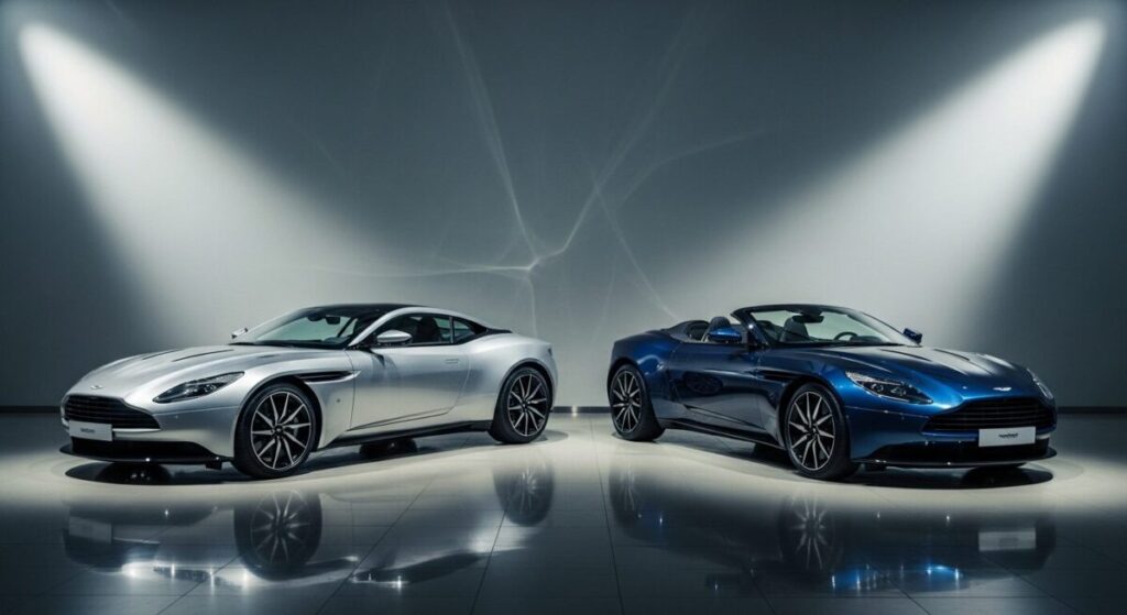 「そもそもアストンマーティン DB11とは?歴史とモデル構成」をテーマにした挿絵。モダンなショールームに並ぶDB11のクーペとヴォランテモデルが、その歴史とラインナップを物語る。