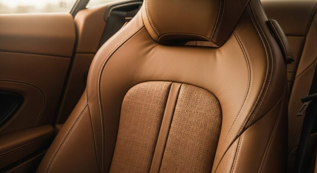 「アストンマーティン DB11が宿す英国の美学と内装デザイン」をテーマにした挿絵。職人によって仕上げられたBridge of Weir製レザーシートの精巧なステッチのクローズアップ。