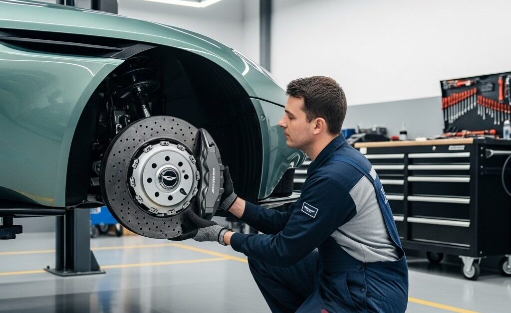 「【維持費の現実】アストンマーティン DB11は年間いくらかかる?」をテーマにした挿絵。専門工場でリフトアップされ、高性能タイヤの交換作業が行われているDB11の足回り。