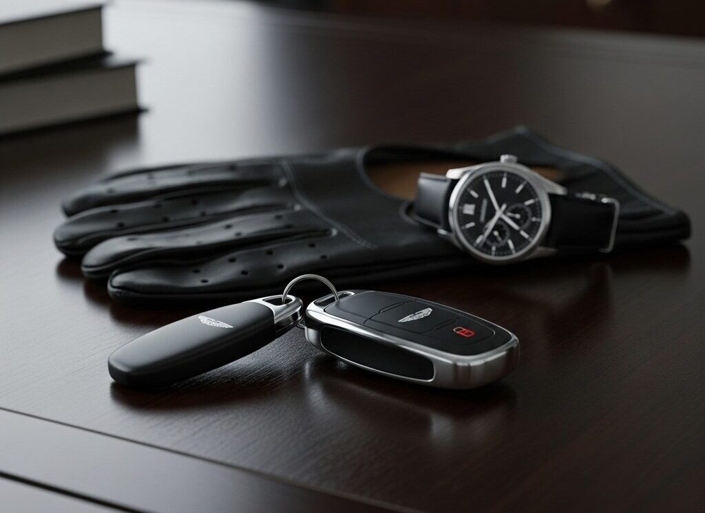 「【価格・相場】アストンマーティン DB11の新車・中古車価格のすべて」をテーマにした挿絵。高級時計とDB11のキーが置かれ、車の価値とオーナーシップを象徴している。