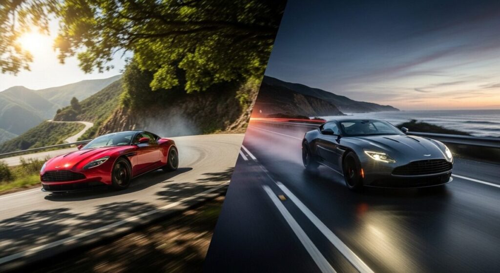 「【徹底比較】アストンマーティン DB11のV8とV12、走りの違いは?」をテーマにした挿絵。ワインディングロードを俊敏に駆け抜けるV8と、高速道路を力強く巡航するV12のイメージ。