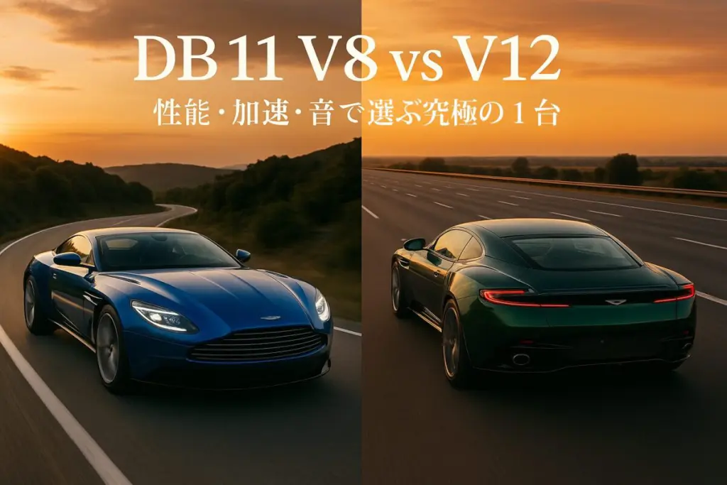 ワインディングロードを軽快に走る青いアストンマーティンDB11 V8と、高速道路を優雅に走る緑のアストンマーティンDB11 V12。この記事のテーマである「アストンマーティン DB11 V8 V12 比較」を象徴する一枚。