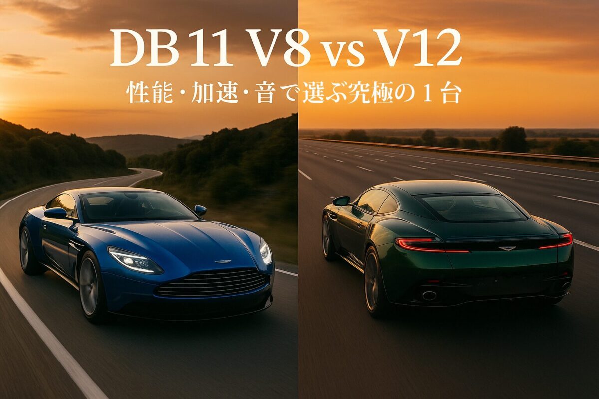 ワインディングロードを軽快に走る青いアストンマーティンDB11 V8と、高速道路を優雅に走る緑のアストンマーティンDB11 V12。この記事のテーマである「アストンマーティン DB11 V8 V12 比較」を象徴する一枚。