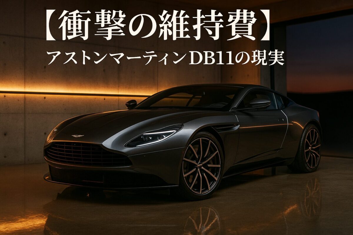 夕暮れのモダンなガレージに停められたアストンマーティンDB11。この記事のテーマである「アストンマーティン DB11の維持費、価格、相場」という現実的なコストを象徴する一枚。
