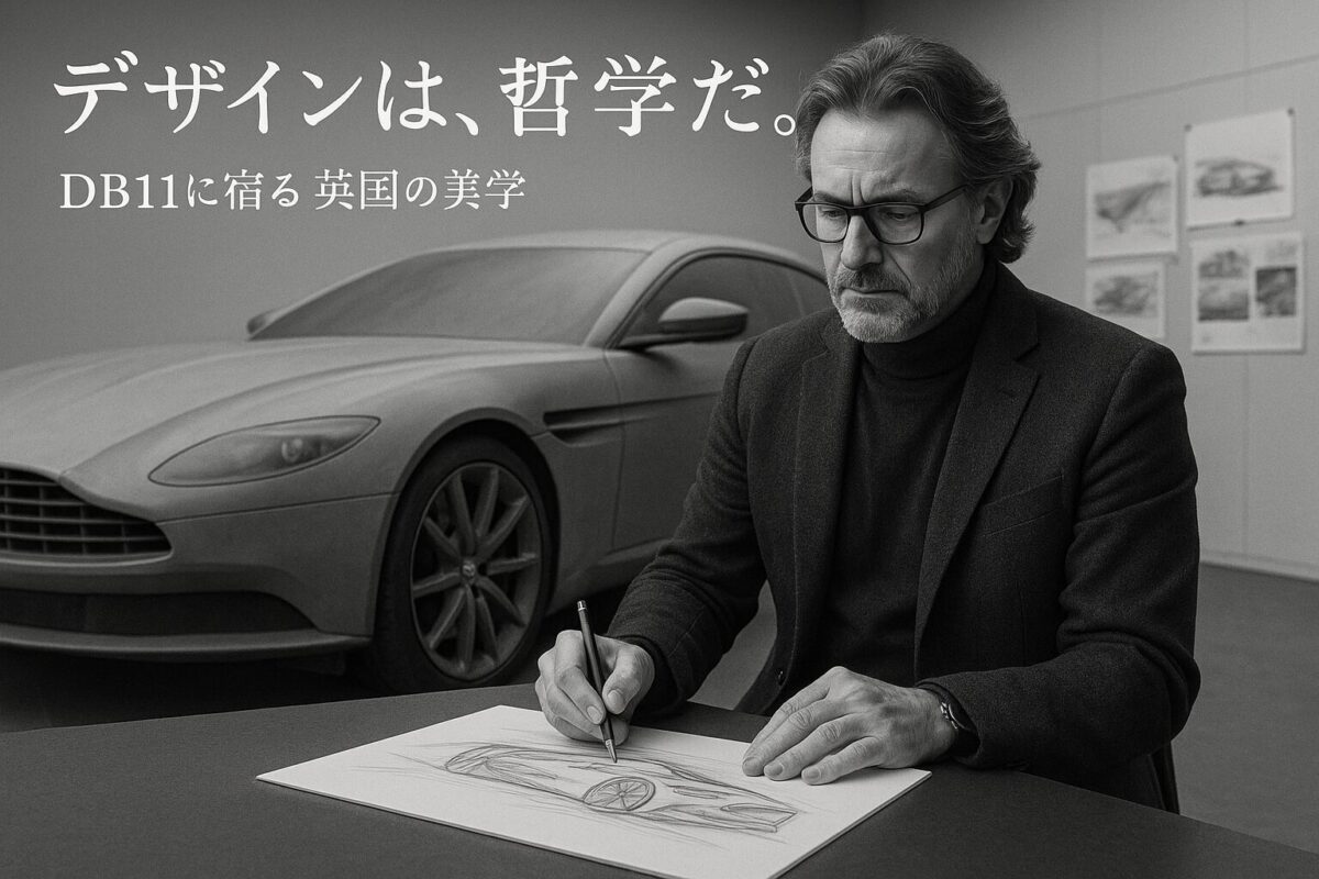 デザインスタジオでアストンマーティンDB11のスケッチを描くデザイナー。この記事のテーマである「アストンマーティン DB11のデザイン、内装、ブランド哲学」を象徴する一枚。
