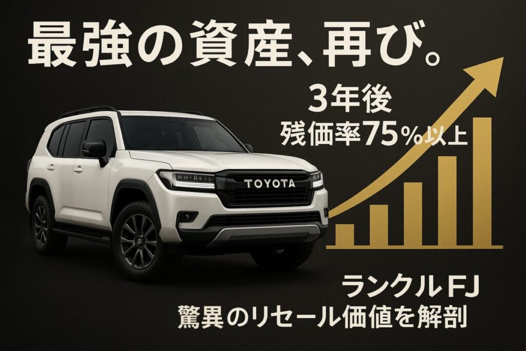 新型ランクルFJと、その高いリセールバリューを示す右肩上がりのグラフ。この記事のテーマである「ランクルFJの価格、維持費と資産価値」を象徴する一枚。