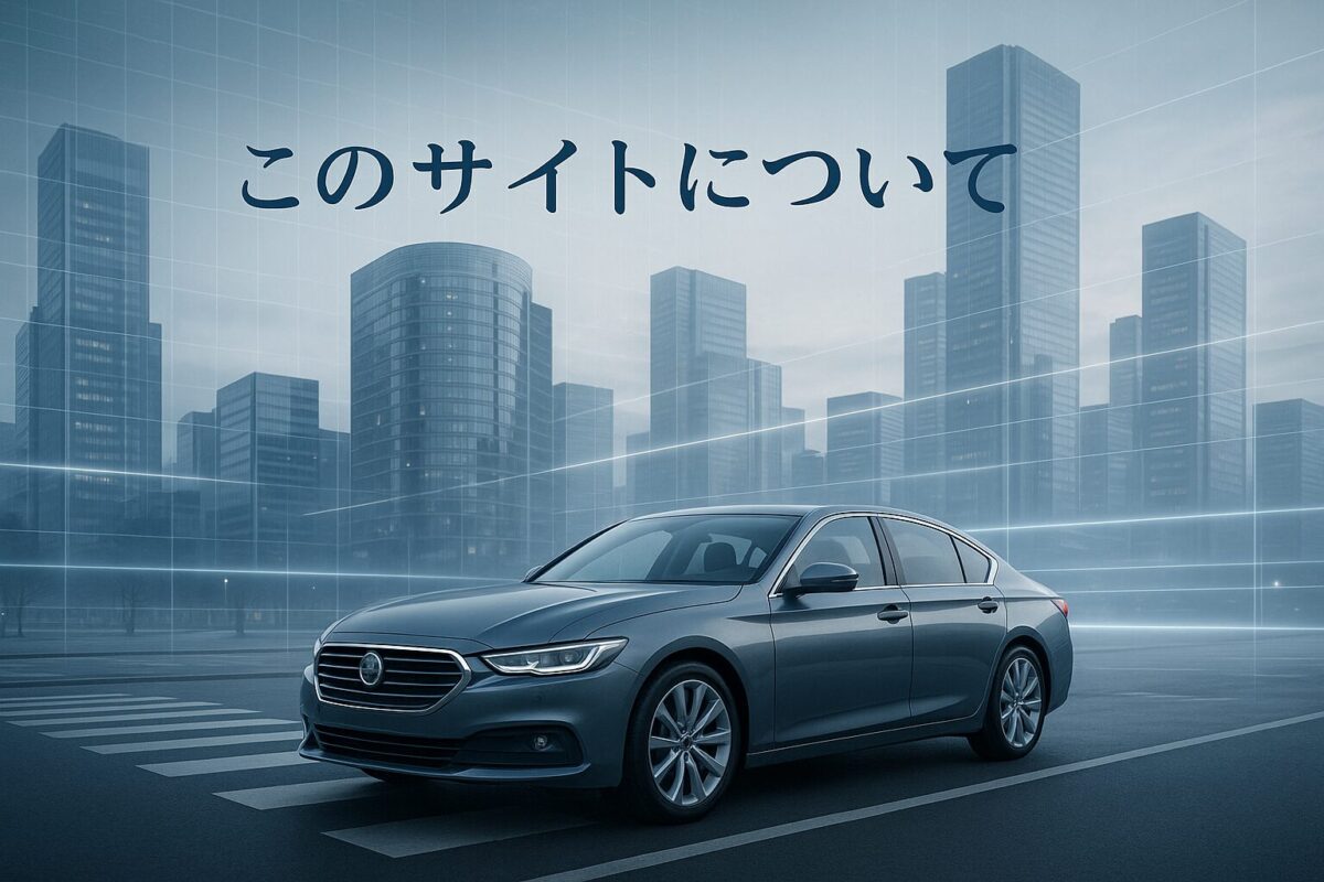 都市の交差点に停車した高級セダン。柔らかな光と透明なデータラインが重なり、Motor Insightの理念「信頼と透明性」を象徴する一枚。