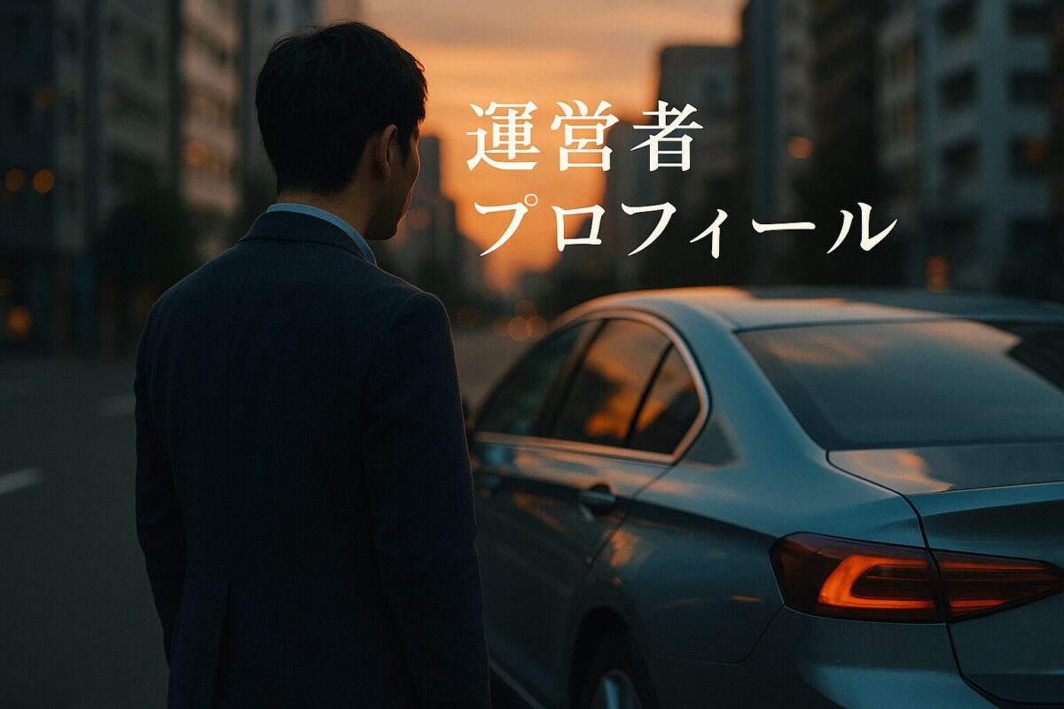 夕暮れの都市で車を見つめる人物の後ろ姿。車体に反射する光が、運営者の情熱と探究心を象徴している。