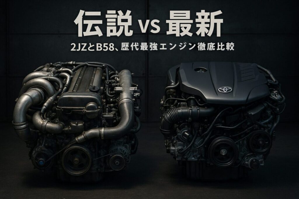 歴代スープラの伝説のエンジン2JZ-GTEと、新型スープラの最新エンジンB58を比較している画像。「伝説 vs 最新」というテキストが書かれている。
