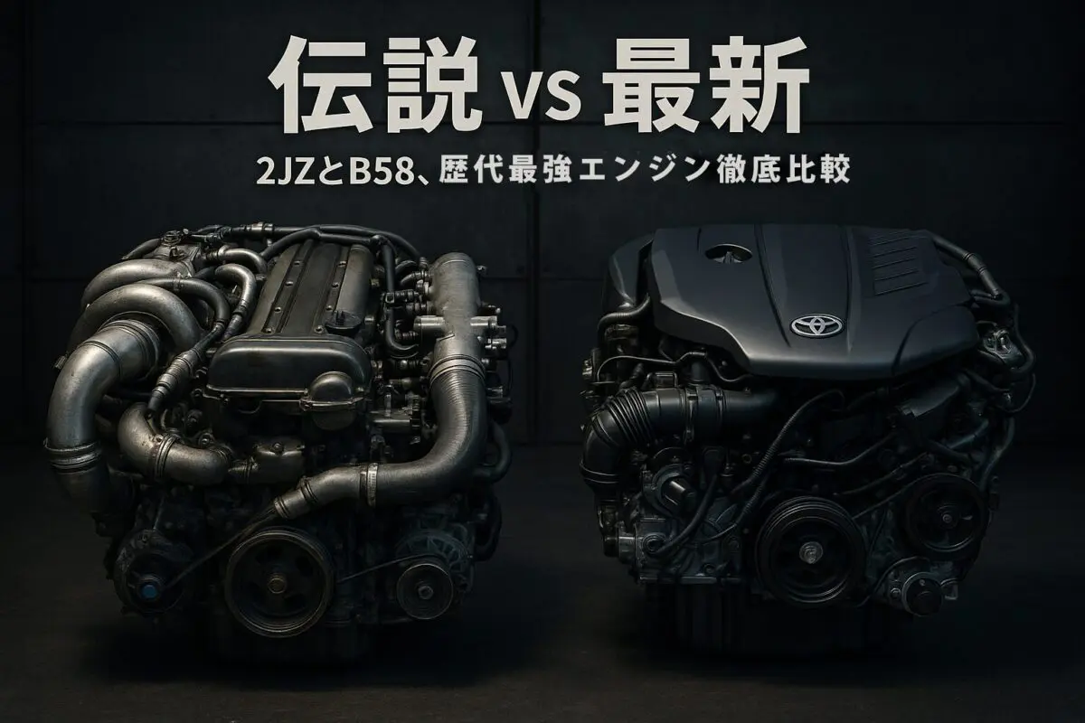 歴代スープラの伝説のエンジン2JZ-GTEと、新型スープラの最新エンジンB58を比較している画像。「伝説 vs 最新」というテキストが書かれている。
