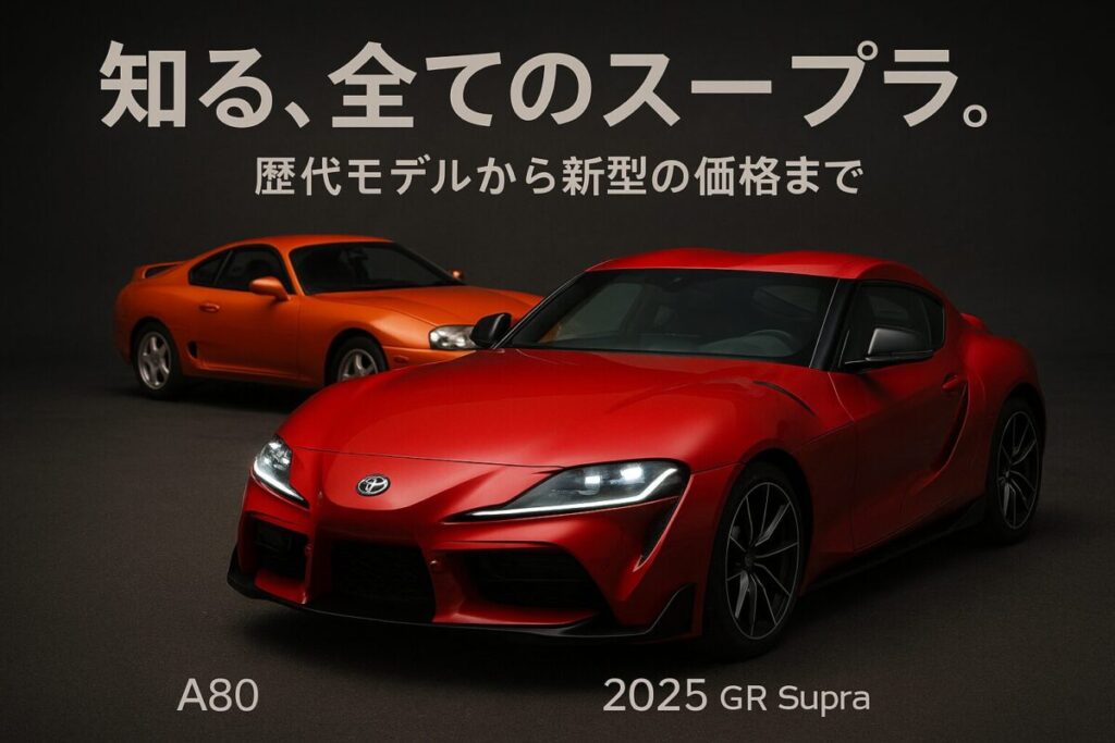 オレンジ色の歴代スープラA80と赤色の新型GRスープラA90が並んだ画像。「知る、全てのスープラ。」というテキストが書かれており、価格や歴史の完全ガイドであることを示している。
