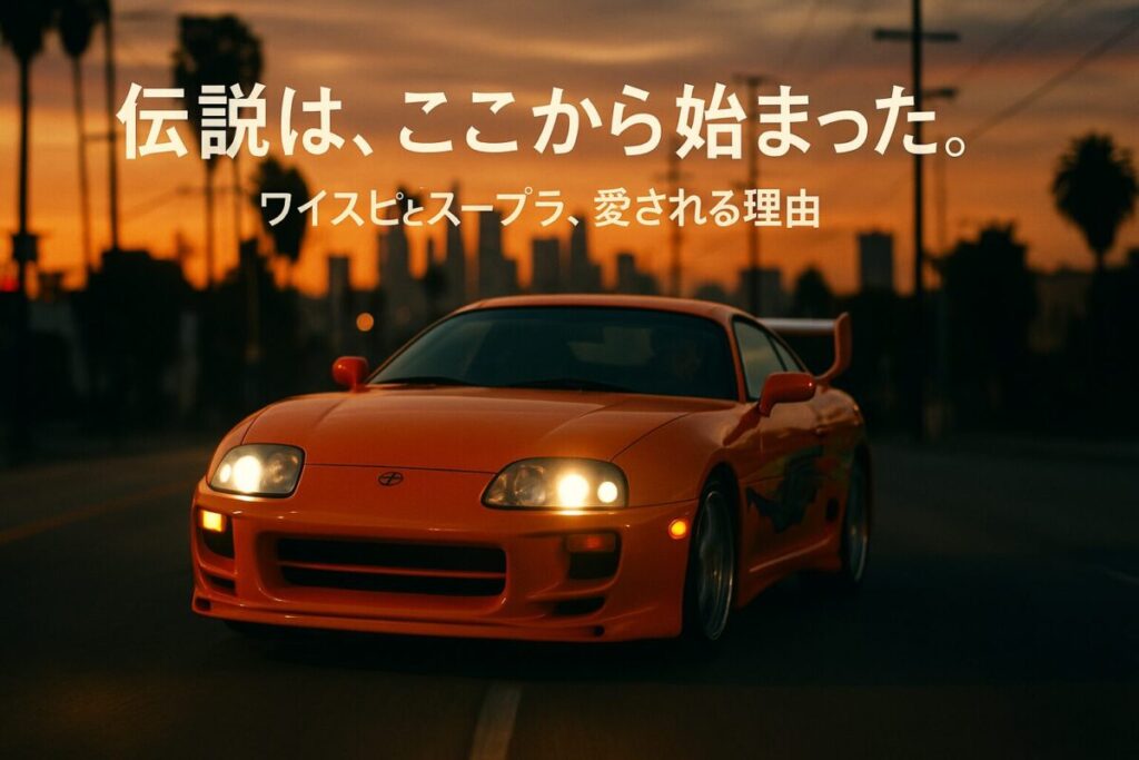 映画『ワイルド・スピード』に登場したオレンジ色のスープラの画像。「伝説は、ここから始まった。」というテキストが書かれており、スープラが愛される理由を解説する記事であることを示している。