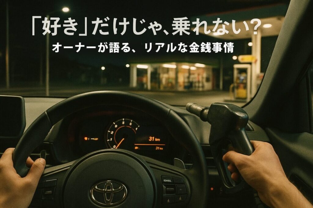 スープラの運転席からガソリンスタンドで給油している様子を見た画像。「「好き」だけじゃ、乗れない？」というテキストが書かれており、オーナーのリアルな維持費事情を解説する記事であることを示唆している。