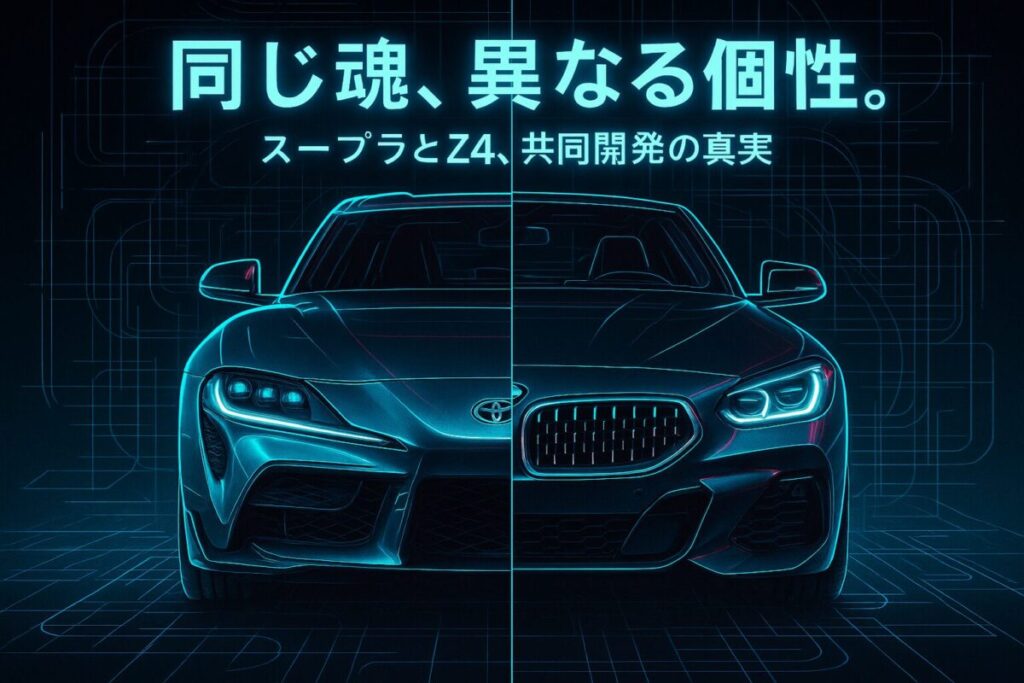 左半分がスープラ、右半分がBMW Z4の顔になっている象徴的な比較画像。「同じ魂、異なる個性。」というテキストが書かれており、共同開発の背景を解説する記事であることを示唆している。