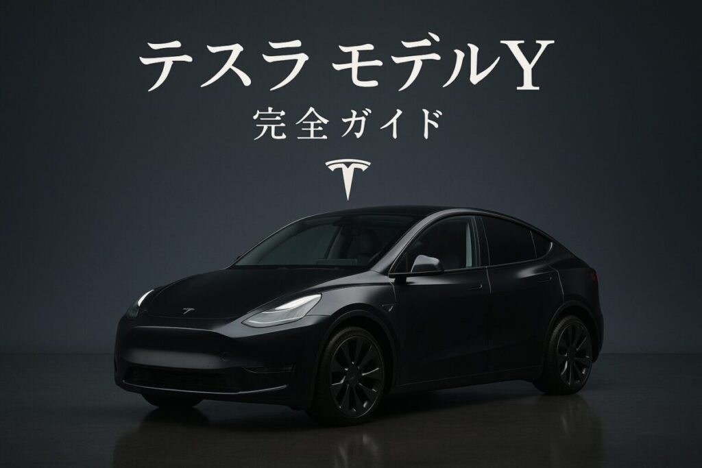 2025年最新のテスラ モデルYの価格と補助金について解説する画像のサムネイル。中央にモデルYの車体があり、「モデルY購入、最大187万円OFF」というテキストが記載されている。