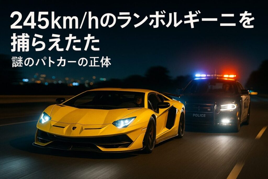 夜の高速道路を猛スピードで走行するランボルギーニと、それを追跡するダッジ・チャージャー・パーシュートのパトカー。この記事のテーマである「ランボルギーニ 速度違反 パトカー」の緊迫した追跡劇を象徴する一枚。