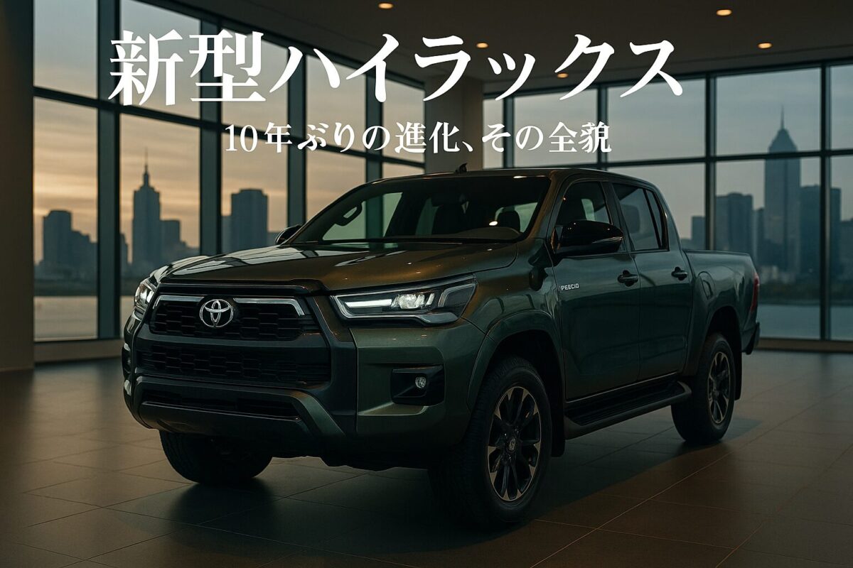 朝焼けの都市を背景にしたモダンなショールームに展示されたメタリックグリーンの新型ハイラックスGR SPORTモデル。この記事のテーマである「新型ハイラックス 2026」の高級感と進化を象徴する一枚。