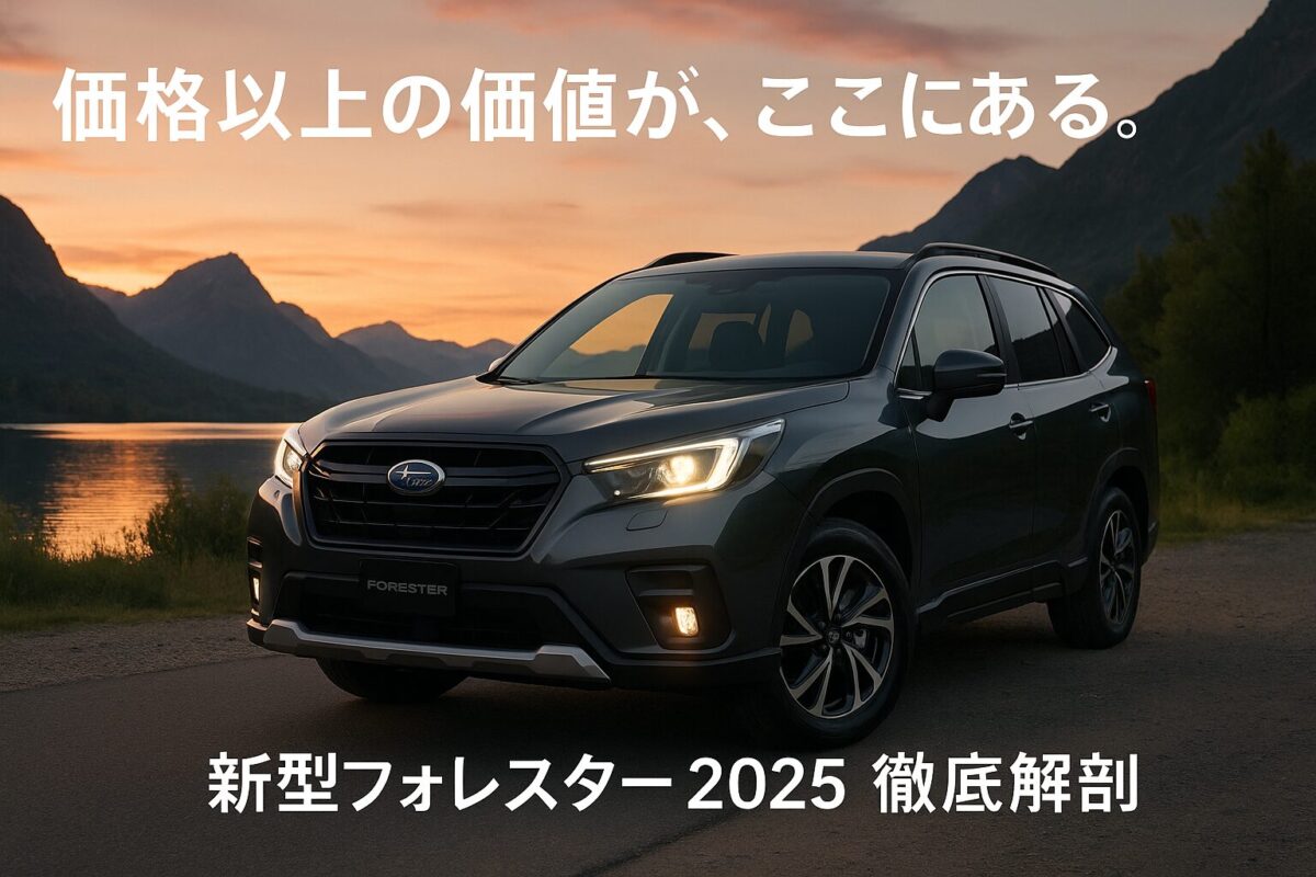 夕暮れの湖畔に停車するスバル新型フォレスター2025。この記事のテーマである「新型フォレスター2025の本当の価値」を、その高級感とタフな存在感で象徴する一枚。