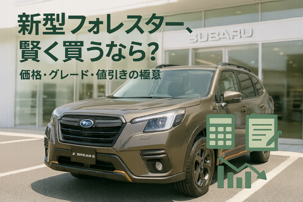ディーラーのショールーム前に停車する新型フォレスターの横に、電卓や値引き額を示すグラフのアイコンが重ねられた画像。この記事のテーマである「新型フォレスターの価格、グレード、値引き」を賢く購入する方法を象徴する一枚。