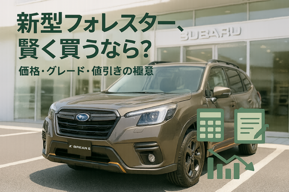 ディーラーのショールーム前に停車する新型フォレスターの横に、電卓や値引き額を示すグラフのアイコンが重ねられた画像。この記事のテーマである「新型フォレスターの価格、グレード、値引き」を賢く購入する方法を象徴する一枚。