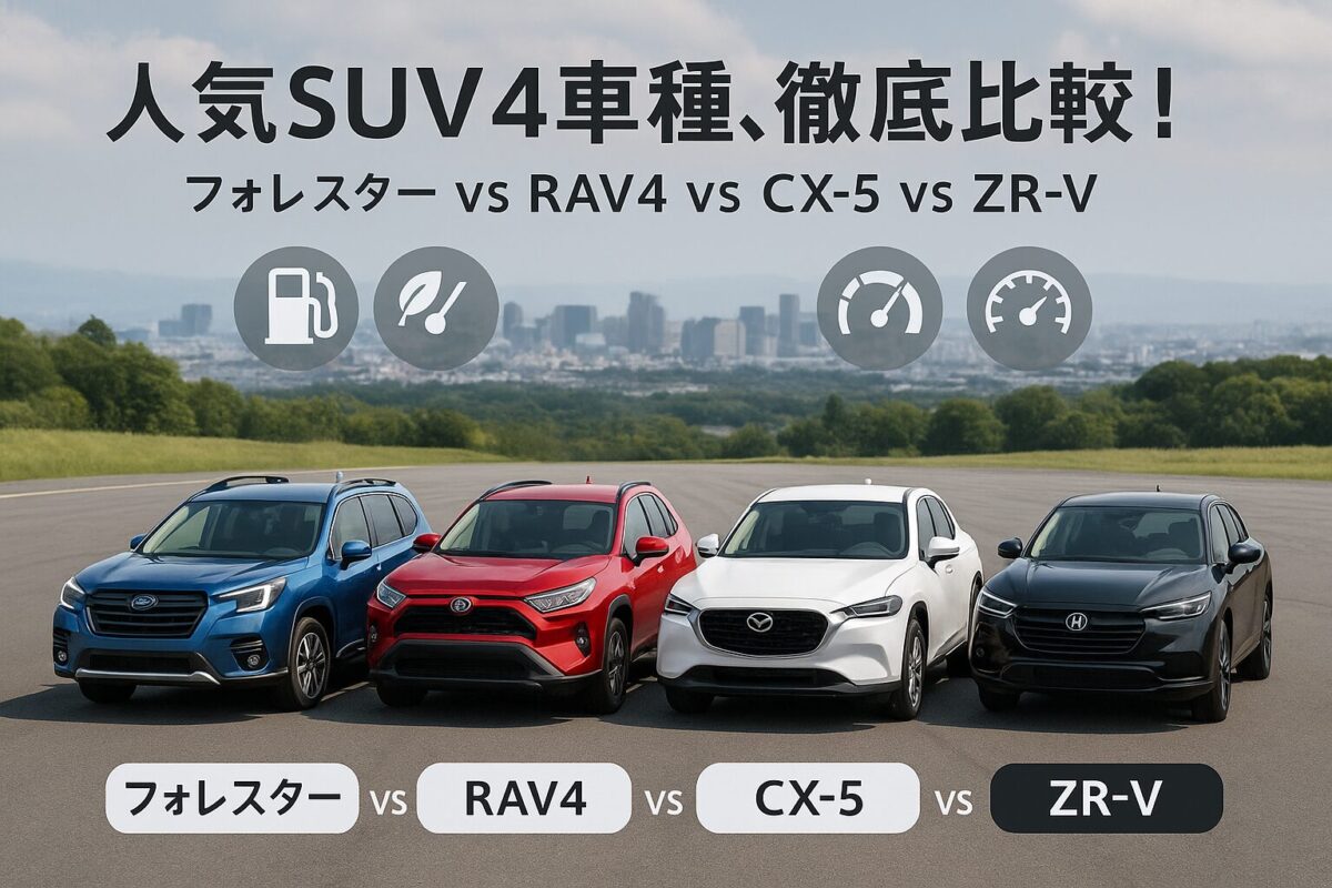 新型フォレスター、RAV4、CX-5、ZR-Vの4台の人気SUVが並び、価格や燃費、走行性能が比較されている画像。この記事のテーマである「フォレスターとRAV4の比較」を含む人気SUV4車種の徹底比較を象徴する一枚。