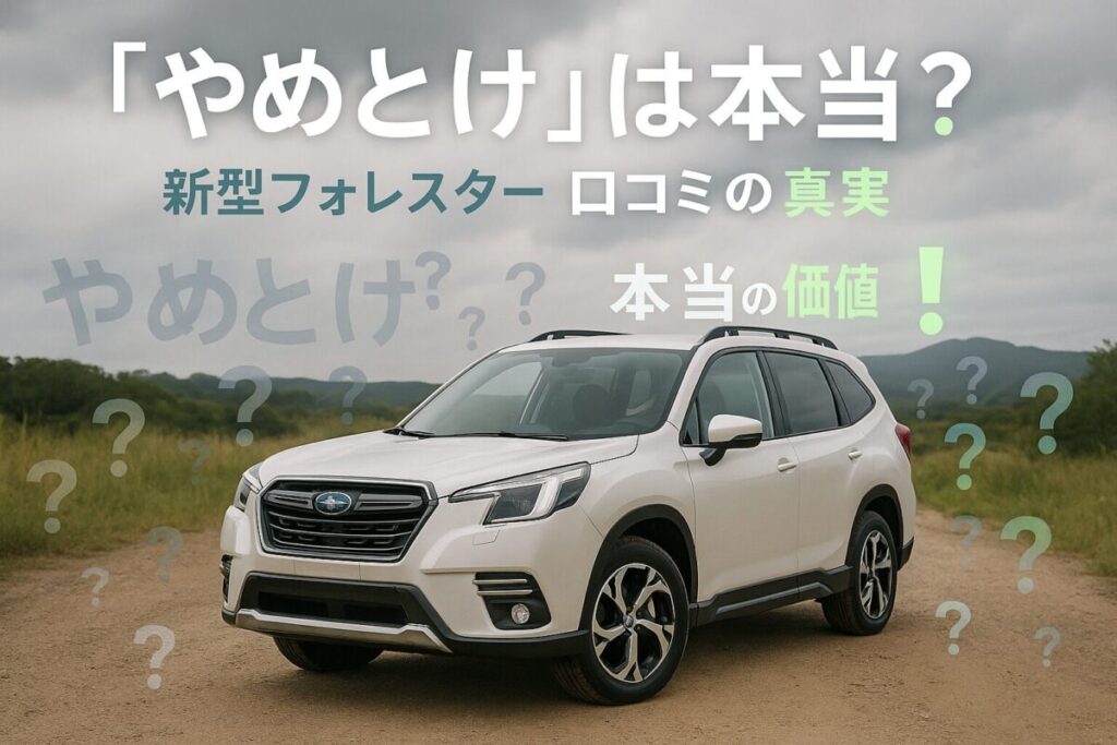 新型フォレスターが未舗装路に佇み、周囲に「？」マークや「やめとけ」という言葉が浮かび、一部が「！」マークに変化している画像。この記事のテーマである「新型フォレスターの口コミ・評判」の真実を解き明かす一枚。