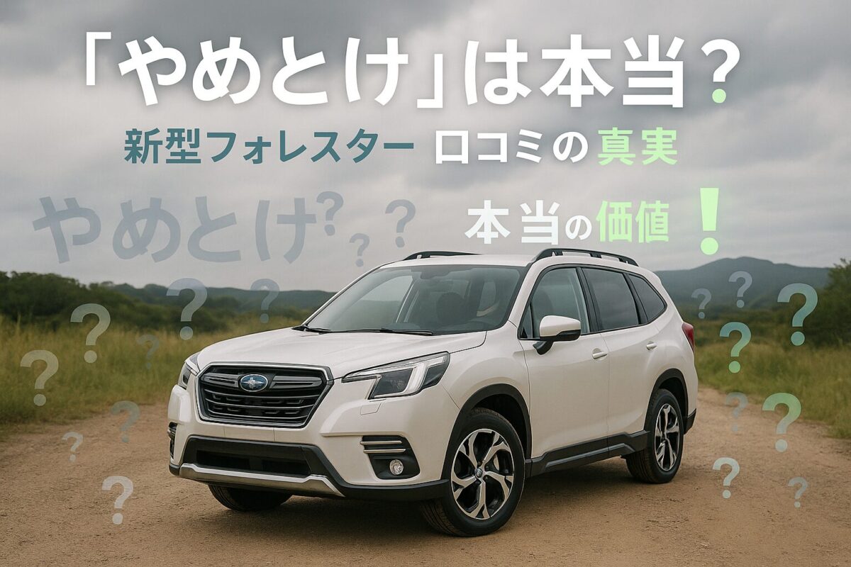 新型フォレスターが未舗装路に佇み、周囲に「？」マークや「やめとけ」という言葉が浮かび、一部が「！」マークに変化している画像。この記事のテーマである「新型フォレスターの口コミ・評判」の真実を解き明かす一枚。