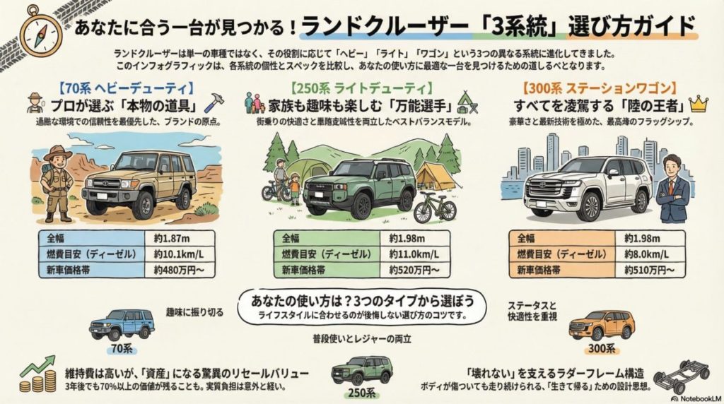 図解『ランドクルーザーの種類と選び方完全ガイド|3系統の特徴・維持費・スペック比較で「あなたの一台」を発見』