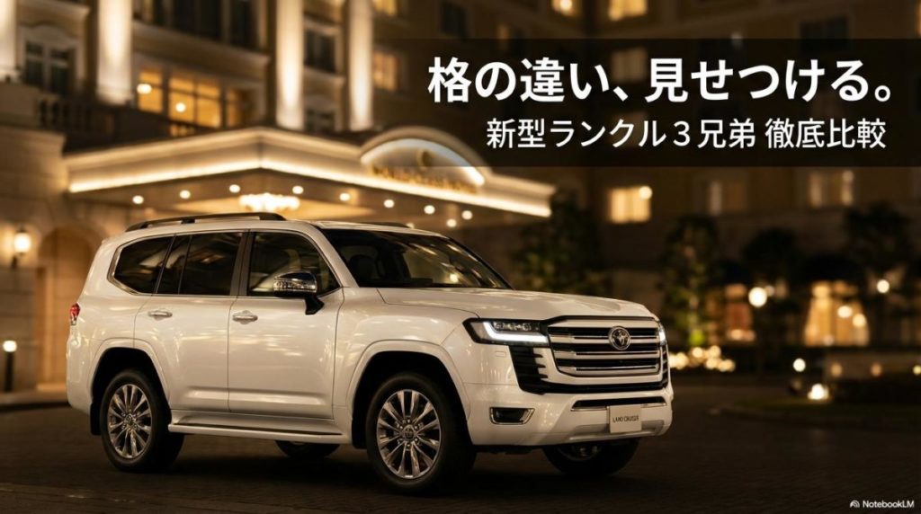 夜の高級ホテル前に佇む白のランドクルーザー300 ZX。この記事のテーマである「ランクル3系統の種類の違いと選び方」を象徴する、圧倒的なステータスと高級感を感じさせる一枚。