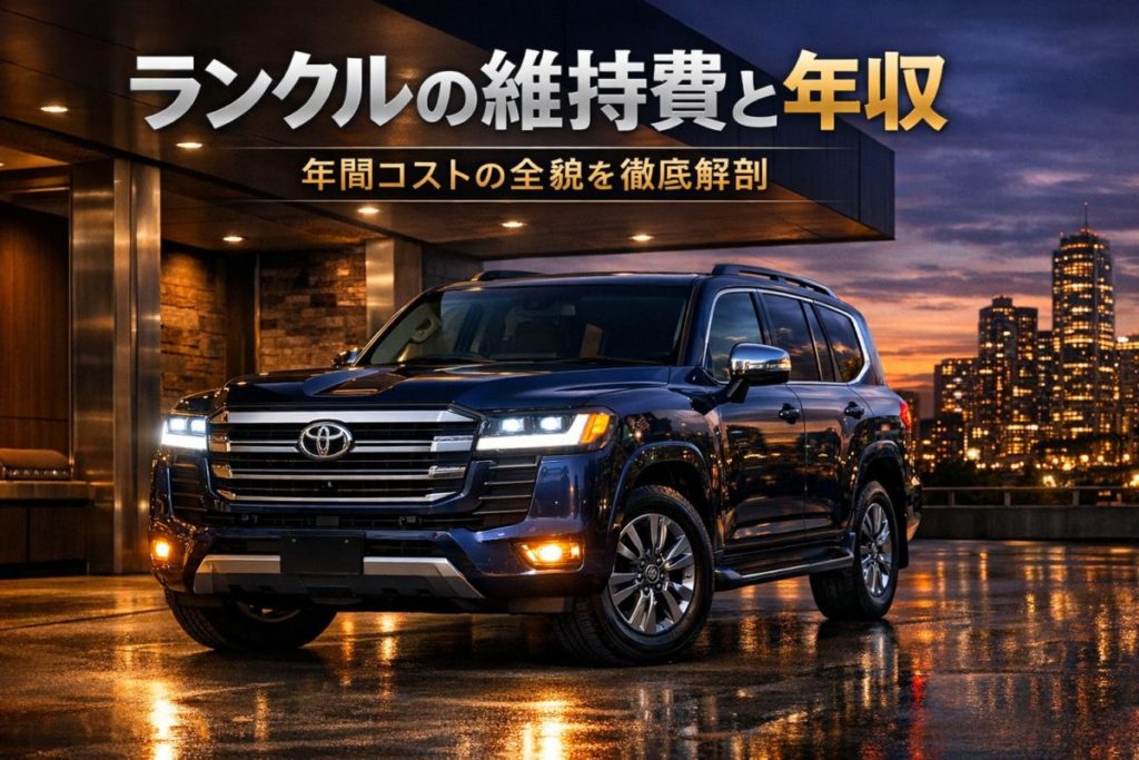 夕暮れの都会の駐車場に佇むランドクルーザー300。この記事のテーマである「ランクル 維持費」と必要年収のバランスを象徴する、現実的かつ憧れを誘う一枚。