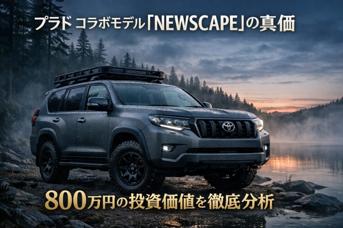 霧の立ち込める湖畔に佇むマットグレーのトヨタ ランドクルーザープラド。この記事のテーマである「トヨタ ランドクルーザー プラド コラボ」モデルNEWSCAPEの高級感とタフネスを象徴する一枚。