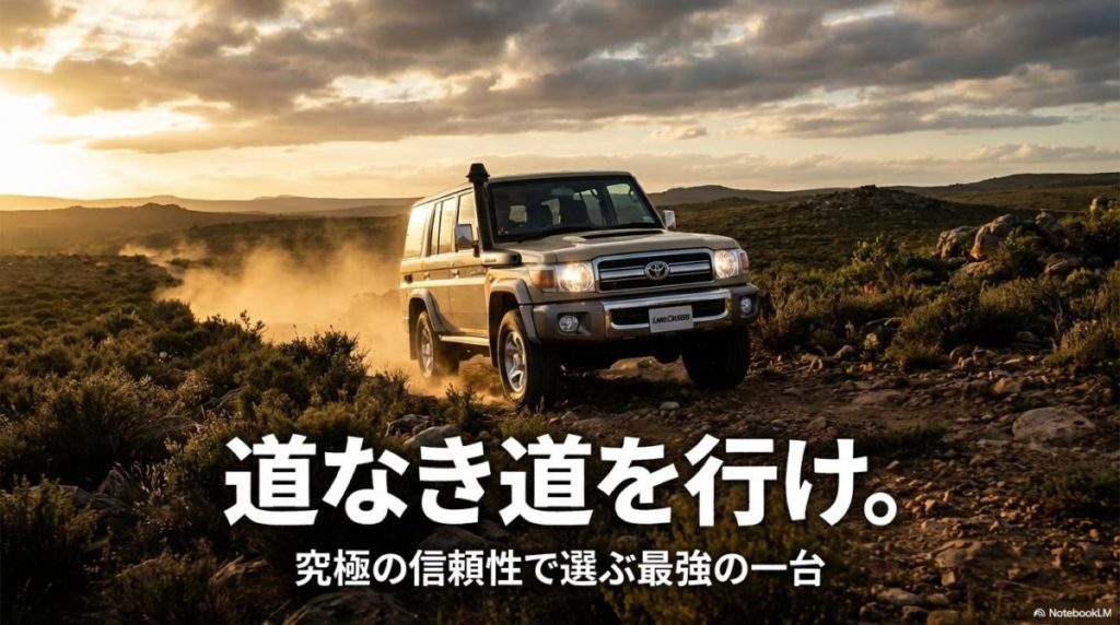 夕暮れの荒野を力強く走るベージュのランドクルーザー70。この記事のテーマである「ランクル 種類 何がいい」に対する答えの一つ、悪路走破性と「生きて帰る」信頼性を象徴する一枚。