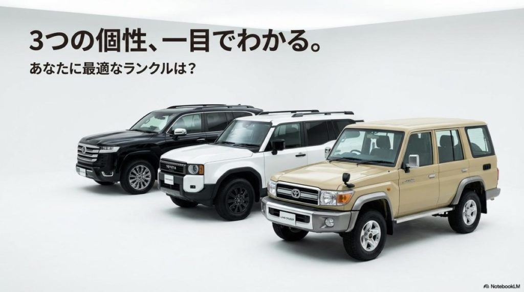 スタジオの明るい照明の下に整然と並んだランドクルーザー300、250、70の3台。この記事のテーマである「ランクル3系統のスペック比較と選び方」を一目で伝える、ラインナップ網羅を象徴する一枚。