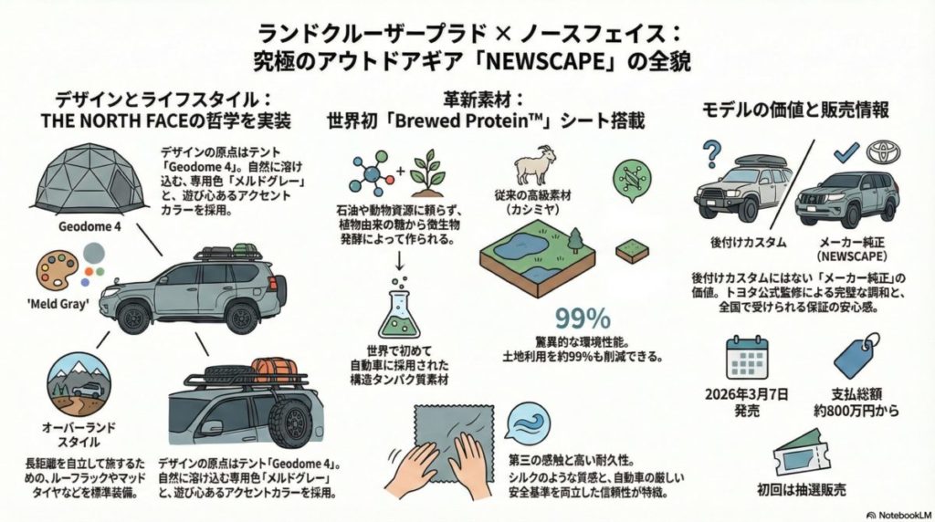 図解『ランドクルーザープラドのノースフェイス仕様「NEWSCAPE」の全貌！Spiber新素材の衝撃を徹底解説』